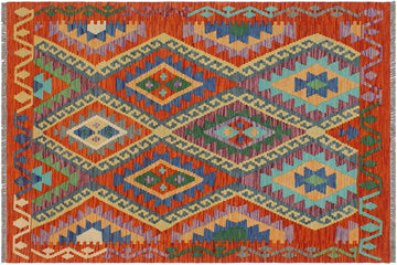Flat Weave Kilim, Antique, Navaho, Vintage, Handmade, Geometric Kilim Rust Blue Hand-Woven Rectangle 100% Wool Area Rug 3 x 5